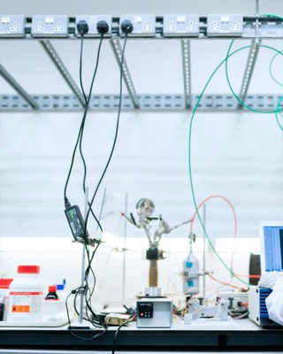 Laboratory bench set up with experiment apparatus and tubing